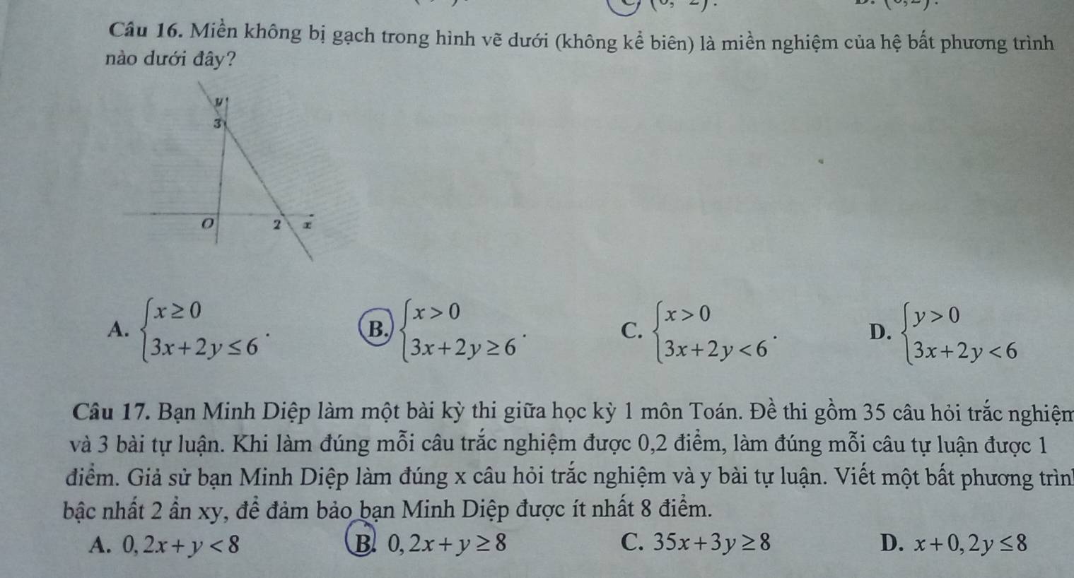 () 
Câu 16. Miền không bị gạch trong hình vẽ dưới (không kể biên) là miền nghiệm của hệ bất phương trình
nào dưới đây?
A. beginarrayl x≥ 0 3x+2y≤ 6endarray.. beginarrayl x>0 3x+2y≥ 6endarray.. beginarrayl x>0 3x+2y<6endarray.. beginarrayl y>0 3x+2y<6endarray.
B
C.
D.
Câu 17. Bạn Minh Diệp làm một bài kỳ thi giữa học kỳ 1 môn Toán. Đề thi gồm 35 câu hỏi trắc nghiệm
và 3 bài tự luận. Khi làm đúng mỗi câu trắc nghiệm được 0, 2 điểm, làm đúng mỗi câu tự luận được 1
diểm. Giả sử bạn Minh Diệp làm đúng x câu hỏi trắc nghiệm và y bài tự luận. Viết một bất phương trình
bậc nhất 2 ần xy, để đảm bảo bạn Minh Diệp được ít nhất 8 điểm.
A. 0,2x+y<8</tex> B 0,2x+y≥ 8 C. 35x+3y≥ 8 D. x+0,2y≤ 8