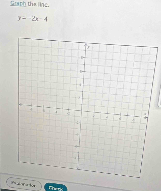 Graph the line.
y=-2x-4
Explanation 
Check