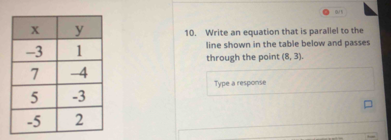 0/1 
10. Write an equation that is parallel to the 
line shown in the table below and passes 
through the point (8,3). 
Type a response 
ha