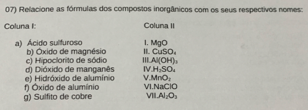 Relacione as fórmulas dos compostos inorgânicos com os seus respectivos nomes: 
Coluna I: Coluna II 
a) Ácido sulfuroso . MgO
b) Óxido de magnésio I. CuSO_4
c) Hipoclorito de sódio III. Al(OH)_3
d) Dióxido de manganês I H_2SO_4
e) Hidróxido de alumínio V. MnO_2
f) Óxido de alumínio VI.Na CIO 
g) Sulfito de cobre VII. Al_2O_3