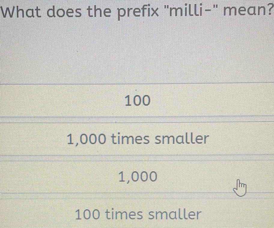 Solved: What does the prefix "milli-" mean? 100 1,000 times smaller ...