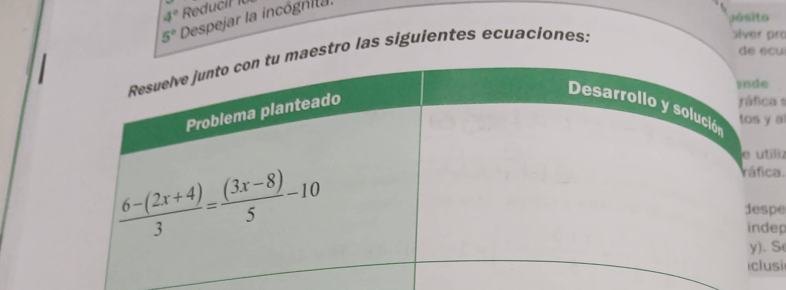 4° Reducil 10
3ósito
5° Despejar la incógnita.
aestro las siguientes ecuaciones:
slver pro
de ecu
s
a
liz
a.
e
ep
S
si