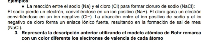 Ejempios: 
La reacción entre el sodio (Na) y el cloro (Cl) para formar cloruro de sodio (NaCl): 
El sodio pierde un electrón, convirtiéndose en un ion positivo (Na+). El cloro gana un electrón 
convirtiéndose en un ion negativo (Cl-). La atracción entre el ion positivo de sodio y el ior 
negativo de cloro forma un enlace iónico fuerte, resultando en la formación de sal de mesa 
(NaCl). 
3. Representa la descripción anterior utilizando el modelo atómico de Bohr remarca 
con un color diferente los electrones de valencia de cada átomo