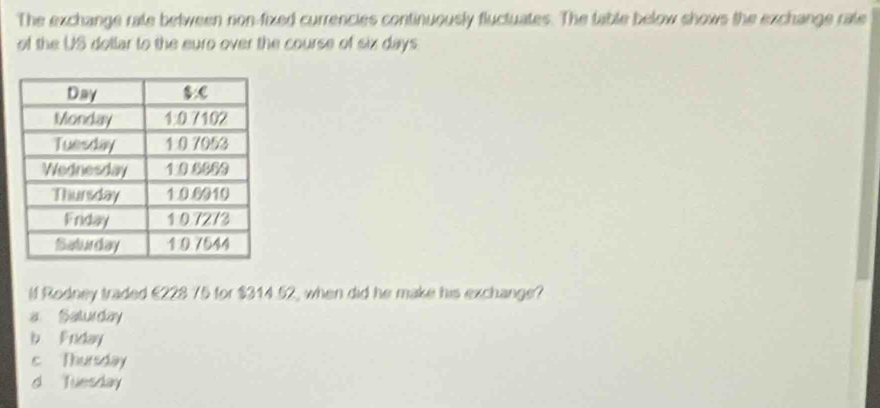 The exchange rate between non-fixed currencies continuously fluctuates. The table below shows the exchange rate
of the US dollar to the euro over the course of six days
lf Rodney traded €228 75 for $314.52, when did he make his exchange?
a Saturday
b Friday
c Thursday
d Tuesday