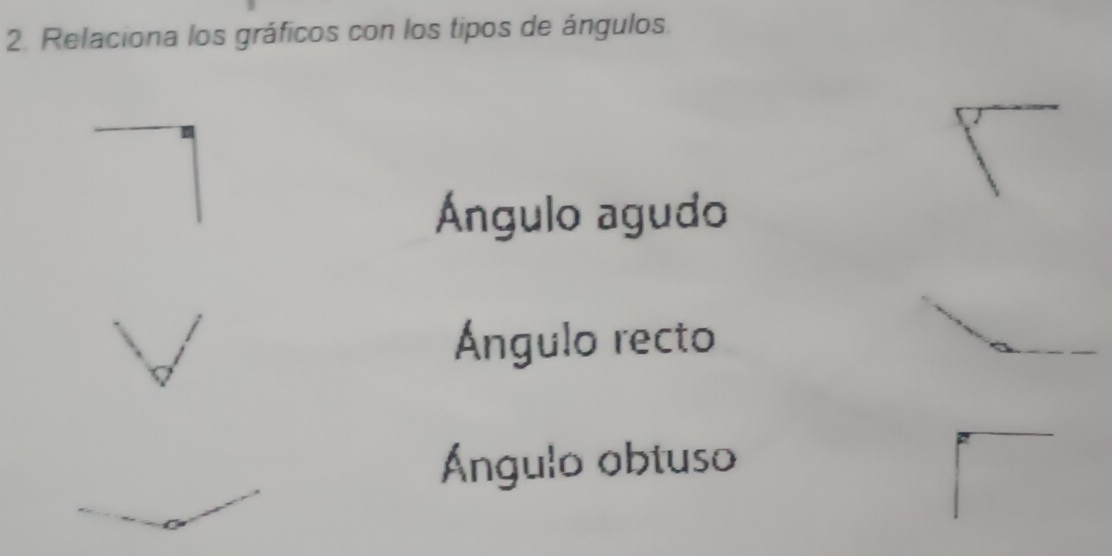 Resuelto:Relaciona los gráficos con los tipos de ángulos. Ángulo agudo ...