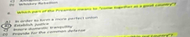 () Whiskey Rebeflion
6. Which part of the Preamble means to “come together as a good country”?
A) in order to form a more perfect union
j Establish justice
a Insure domestic tranquility
D) Pravide for the common defense
countr