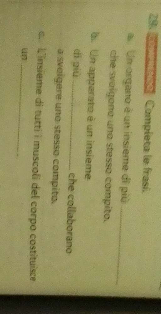 ( a e Completa le frasi. 
a Un organo é un insieme di più_ 
che svolgano uno stesso compito. 
b.Un apparato è un insieme 
dì più _che collaborano 
a svolgere uno stesso compito. 
c. L'insième di tutti i muscoli del corpo costituisce 
un_