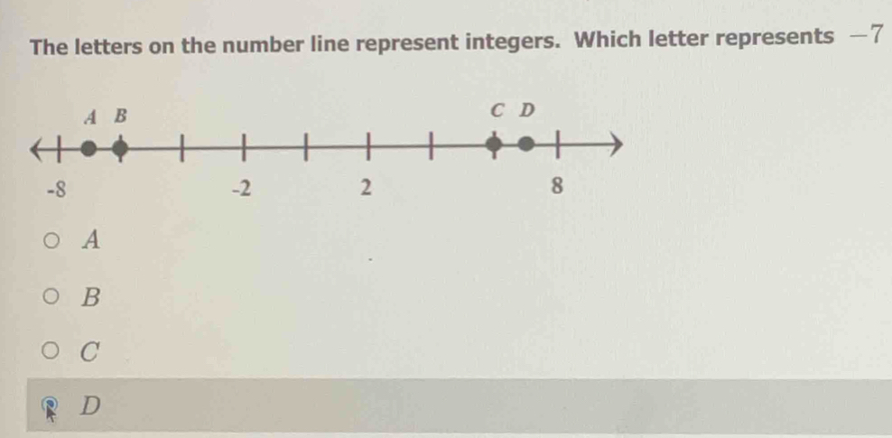 The letters on the number line represent integers. Which letter represents —7
A
B
C
D