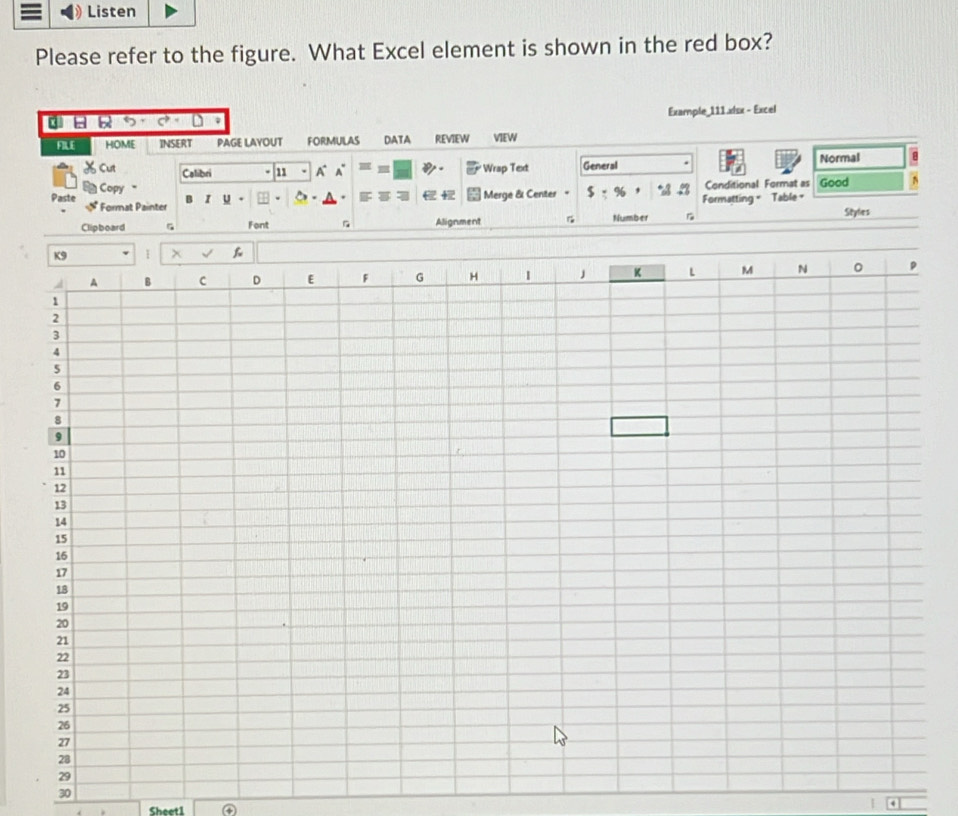 Listen 
Please refer to the figure. What Excel element is shown in the red box? 
，3 ; Example_111.x|sx - Excel 
FILE HOME INSERT PAGE LAYOUT FORMULAS DATA REVIEW VIEW 
Cut Calibri 11 . A A Wrap Text General Normal 
Copy " Conditional Format as Good 
Paste Format Painter 
B I U Merge & Center $ - % 
. 
Formatting = Table= 
Styles 
Clipboard Font Alignment 1 Number 
30 
Sheet1 a