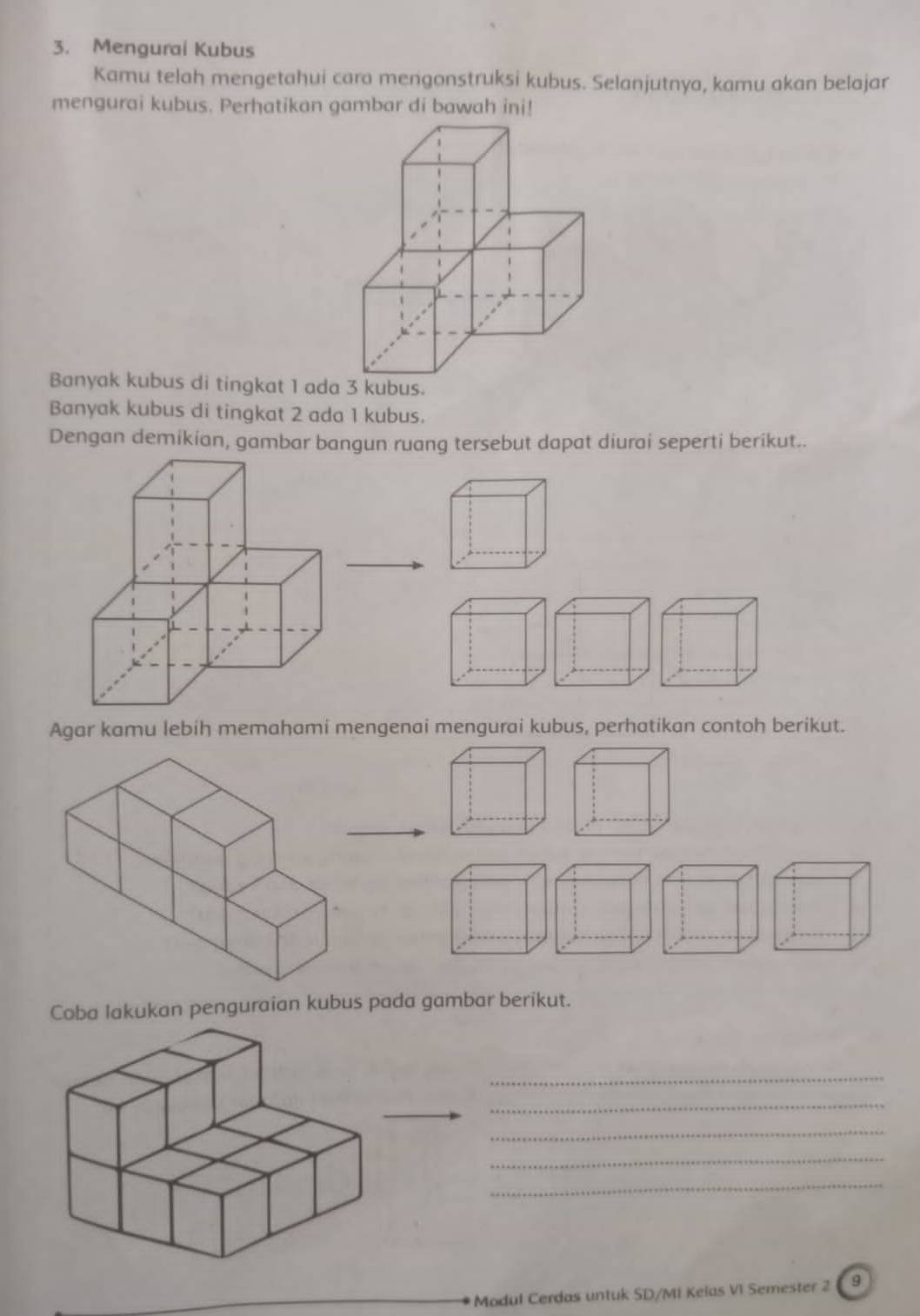 Mengurai Kubus 
Kamu telah mengetahui cara mengonstruksi kubus. Selanjutnya, kamu akan belajar 
mengurai kubus. Perhatikan gambar di bawah ini! 
Banyak kubus di tingkat 1 ad 
Banyak kubus di tingkat 2 ada 1 kubus. 
Dengan demikian, gambar bangun ruang tersebut dapat diurai seperti berikut.. 
Agar kamu lebih memahami mengenai mengurai kubus, perhatikan contoh berikut. 
Coba lakukan penguraian kubus pada gambar berikut. 
_ 
_ 
_ 
_ 
_ 
Modul Cerdas untuk SD/MI Kelas VI Semester 2 9