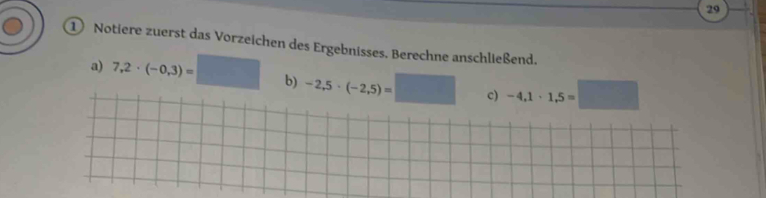 29 
① Notiere zuerst das Vorzeichen des Ergebnisses. Berechne anschließend. 
a) 7,2· (-0,3)=□ b) -2,5· (-2,5)=□ c) -4,1· 1,5=□