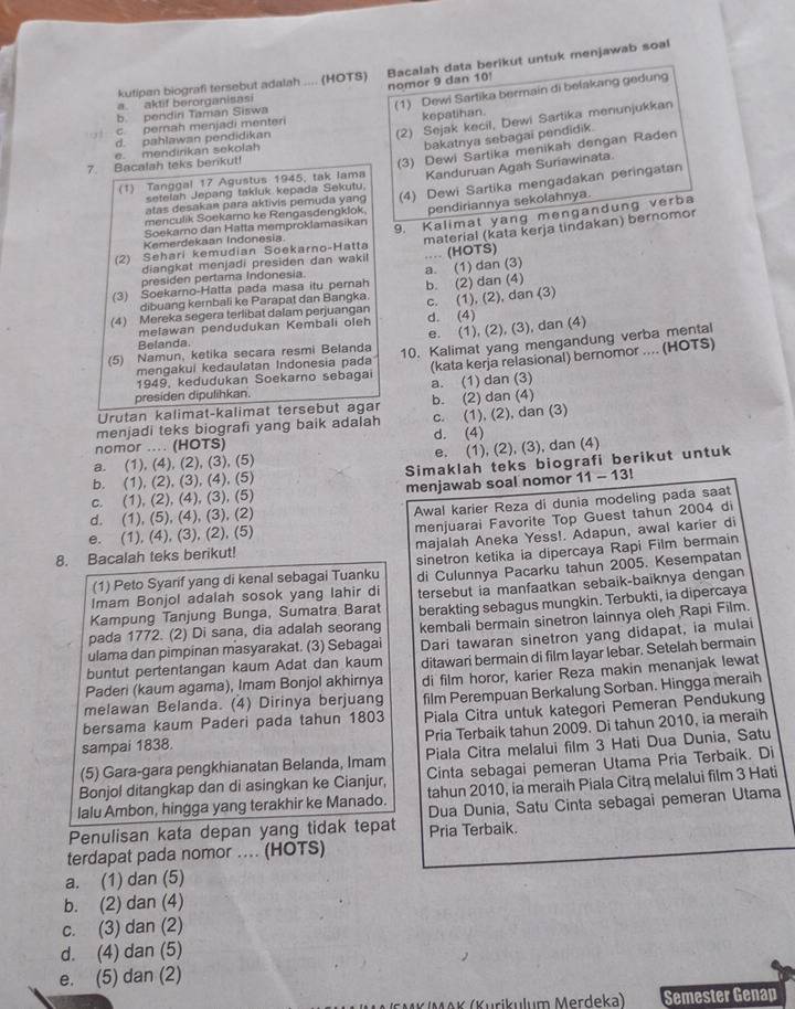 kutipan biografi tersebut adalah .... (HOTS) Bacalah data berikut untuk menjawab soal
nomor 9 dan 10!
a. aktif berorganisasi
c pernah menjadi menteri (1) Dewi Sartika bermain di belakang gedung
b pendiri Taman Siswa
(2) Sejak kecil, Dewi Sartika menunjukkan
d. pahlawan pendidikan kepatihan.
e. mendirikan sekolah
bakatnya sebagai pendidik.
(1) Tanggal 17 Agustus 1945, tak Iama (3) Dewi Sartika menikah dengan Raden
7. Bacalah teks benkut!
Kanduruan Agah Suriawinata.
atas desakan para aktivis pemuda yang (4) Dewi Sartika mengadakan peringatan
setelah Jepang takluk kepada Sekutu.
menculik Soekarno ke Rengasdengklok. pendiriannya sekolahnya.
material (kata kerja tindakan) bernomor
Soekarno dan Hatta memproklamasikan
(2) Sehari kemudian Soekarno-Hatta 9. Kalimat yang mengandung verba
Kemerdekaan Indonesia
diangkat menjadi presiden dan wakil
(3) Soekarno-Hatta pada masa itu perah a. (1) dan (3) .. (HOTS)
presiden pertama Indonesia.
dibuang kernbali ke Parapat dan Bangka. b. (2) dan (4)
(4) Mereka segera terlibat dalam perjuangan c. (1), (2), dan (3)
melawan pendudukan Kembali oleh d. (4)
e. (1), (2), (3), dan (4)
Belanda
(5) Namun, ketika secara resmi Belanda 10. Kalimat yang mengandung verba mental
mengakui kedaulatan Indonesia pada (kata kerja relasional) bernomor .... (HOTS)
1949, kedudukan Soekarno sebagai
presiden dipulihkan. a. (1) dan (3)
Urutan kalimat-kalimat tersebut agar b. (2) dan (4)
menjadi teks biografi yang baik adaiah c. (1), (2), dan (3)
nomor .... (HOTS) d. (4)
a. (1), (4), (2), (3), (5) e. (1), (2), (3), dan (4)
b. (1), (2), (3), (4), (5) Simaklah teks biografi berikut untuk
c. (1), (2), (4), (3), (5) menjawab soal nomor 11 - 13!
d. (1), (5), (4), (3), (2)
Awal karier Reza di dunia modeling pada saat
menjuarai Favorite Top Guest tahun 2004 di
e. (1), (4), (3), (2), (5)
8. Bacalah teks berikut! majalah Aneka Yess!. Adapun, awal karier di
(1) Peto Syarif yang di kenal sebagai Tuanku sinetron ketika ia dipercaya Rapi Film bermain
Imam Bonjol adalah sosok yang lahir di di Culunnya Pacarku tahun 2005. Kesempatan
Kampung Tanjung Bunga, Sumatra Barat tersebut ia manfaatkan sebaik-baiknya dengan
pada 1772. (2) Di sana, dia adalah seorang berakting sebagus mungkin. Terbukti, ia dipercaya
ulama dan pimpinan masyarakat. (3) Sebagai kembali bermain sinetron lainnya oleh Rapi Film.
buntut pertentangan kaum Adat dan kaum Dari tawaran sinetron yang didapat, ia mulai
Paderi (kaum agama), Imam Bonjol akhirnya ditawari bermain di film layar lebar. Setelah bermain
melawan Belanda. (4) Dirinya berjuang di film horor, karier Reza makin menanjak lewat
bersama kaum Paderi pada tahun 1803 film Perempuan Berkalung Sorban. Hingga meraih
sampai 1838. Piala Citra untuk kategori Pemeran Pendukung
Pria Terbaik tahun 2009. Di tahun 2010, ia meraih
(5) Gara-gara pengkhianatan Belanda, Imam Piala Citra melalui film 3 Hati Dua Dunia, Satu
Bonjol ditangkap dan di asingkan ke Cianjur, Cinta sebagai pemeran Utama Pria Terbaik. Di
lalu Ambon, hingga yang terakhir ke Manado. tahun 2010, ia meraih Piala Citra melalui film 3 Hati
Penulisan kata depan yang tidak tepat Pria Terbaik. Dua Dunia, Satu Cinta sebagai pemeran Utama
terdapat pada nomor .... (HOTS)
a. (1) dan (5)
b. (2) dan (4)
c. (3) dan (2)
d. (4) dan (5)
e. (5) dan (2)
K  ri ulum Merdeka) Semester Genap