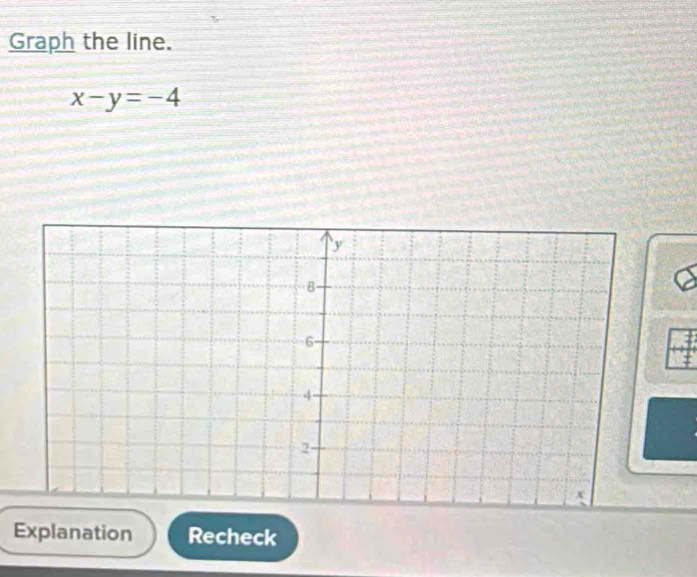 Graph the line.
x-y=-4
Explanation Recheck