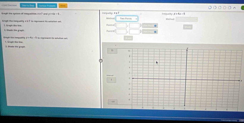 == Lard Du ve= Step by Step Saonple Priobae HinE 
Graph the system of inequalities x ≥ 7 and y>4x-5. Inequaility: x≥ 7 Inequality: y>4x-5
Method Two-Points Method: 
Graph the inequality x ≥:7 to represent its solution set. Point A (□ ,□ )
1. Graph the line. 
2. Shade the graph. Paint B (□ ,□ )
Graph the inequality y>4x-5 to represent its solution set. 
1. Graph the line. 
2. Shade the graph. 
v 
11 
Intervd 
1
-10