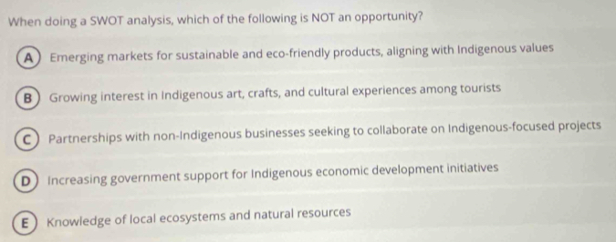 When doing a SWOT analysis, which of the following is NOT an opportunity?
A Emerging markets for sustainable and eco-friendly products, aligning with Indigenous values
B  Growing interest in Indigenous art, crafts, and cultural experiences among tourists
C Partnerships with non-Indigenous businesses seeking to collaborate on Indigenous-focused projects
D Increasing government support for Indigenous economic development initiatives
E  Knowledge of local ecosystems and natural resources