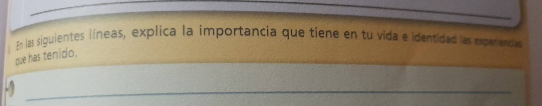 En las siguientes líneas, explica la importancia que tiene en tu vida e identidad las expenencias 
_ 
_ 
que has tenido. 
_