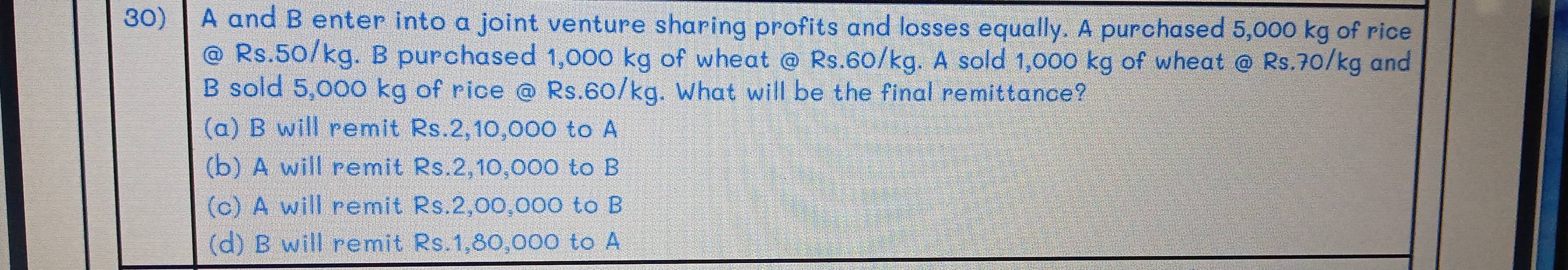 A and B enter into a joint venture sharing profits and losses equally. A purchased 5,000 kg of rice
@ Rs.50/kg. B purchased 1,000 kg of wheat @ Rs.60/kg. A sold 1,000 kg of wheat @ Rs.70/kg and
B sold 5,000 kg of rice @ Rs.60/kg. What will be the final remittance?
(a) B will remit Rs.2,10,000 to A
(b) A will remit Rs.2,10,000 to B
(c) A will remit Rs.2,00,000 to B
(d) B will remit Rs.1,80,000 to A