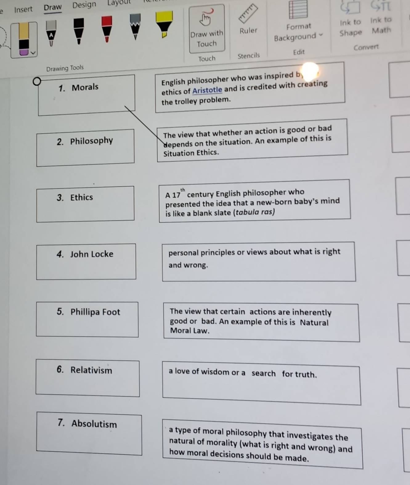 Insert Draw Design Layout
Draw with Ruler Format Ink to Ink to
Touch Background Shape Math
Convert
Drawing Tools Touch Stencils Edit
1. Morals English philosopher who was inspired b) 
ethics of Aristotle and is credited with creating
the trolley problem.
2. Philosophy The view that whether an action is good or bad
depends on the situation. An example of this is
Situation Ethics.
A 17^(th)
3. Ethics century English philosopher who
presented the idea that a new-born baby’s mind
is like a blank slate (tabulα rɑs)
4. John Locke personal principles or views about what is right
and wrong.
5. Phillipa Foot The view that certain actions are inherently
good or bad. An example of this is Natural
Moral Law.
6. Relativism a love of wisdom or a search for truth.
7. Absolutism a type of moral philosophy that investigates the
natural of morality (what is right and wrong) and
how moral decisions should be made.