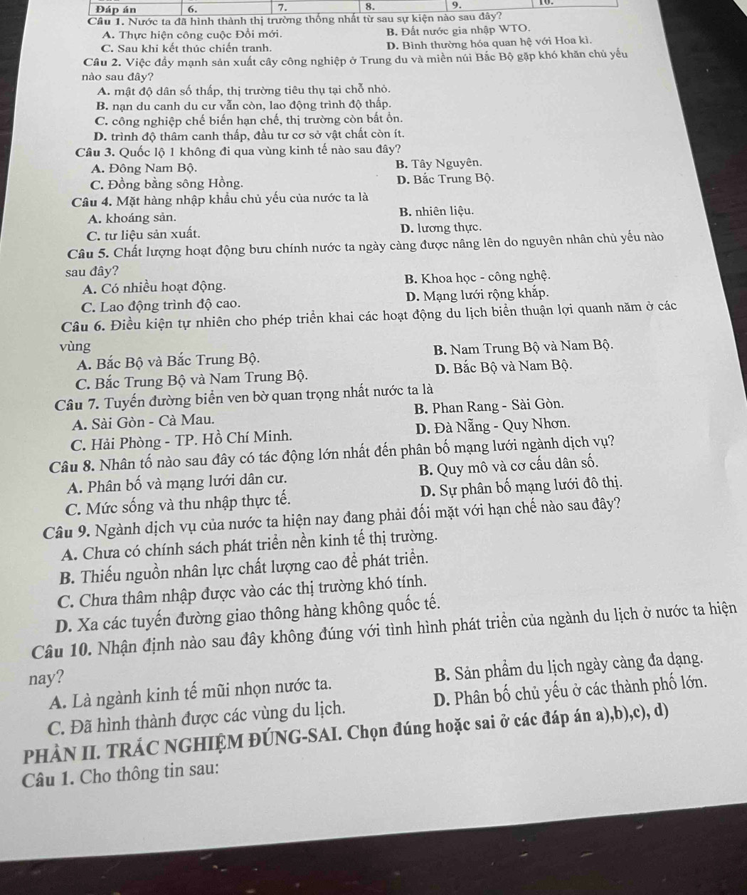 Đáp án 6. 7. 8. 9.
Câu 1. Nước ta đã hình thành thị trường thống nhất từ sau sự kiện nào sau đây?
A. Thực hiện công cuộc Đổi mới. B. Đất nước gia nhập WTO.
C. Sau khi kết thúc chiến tranh. D. Bình thường hóa quan hệ với Hoa kì.
Cầu 2. Việc đầy mạnh sản xuất cây công nghiệp ở Trung du và miền núi Bắc Bộ gặp khó khăn chủ yếu
nào sau đây?
A. mật độ dân số thấp, thị trường tiêu thụ tại chỗ nhỏ.
B. nạn du canh du cư vẫn còn, lao động trình độ thấp.
C. công nghiệp chế biến hạn chế, thị trường còn bất ồn.
D. trình độ thâm canh thấp, đầu tư cơ sở vật chất còn ít.
Câu 3. Quốc lộ 1 không đi qua vùng kinh tế nào sau đây?
A. Đông Nam Bộ. B. Tây Nguyên.
C. Đồng bằng sông Hồng. D. Bắc Trung Bộ.
Câu 4. Mặt hàng nhập khẩu chủ yếu của nước ta là
A. khoáng sản. B. nhiên liệu.
C. tư liệu sản xuất. D. lương thực.
Câu 5. Chất lượng hoạt động bưu chính nước ta ngày càng được nâng lên do nguyên nhân chủ yếu nào
sau đây?
A. Có nhiều hoạt động. B. Khoa học - công nghệ.
C. Lao động trình độ cao. D. Mạng lưới rộng khắp.
Câu 6. Điều kiện tự nhiên cho phép triển khai các hoạt động du lịch biển thuận lợi quanh năm ở các
vùng B. Nam Trung Bộ và Nam Bộ.
A. Bắc Bộ và Bắc Trung Bộ.
C. Bắc Trung Bộ và Nam Trung Bộ. D. Bắc Bộ và Nam Bộ.
Câu 7. Tuyến đường biển ven bờ quan trọng nhất nước ta là
A. Sài Gòn - Cà Mau. B. Phan Rang - Sài Gòn.
C. Hải Phòng - TP. Hồ Chí Minh. D. Đà Nẵng - Quy Nhơn.
Câu 8. Nhân tố nào sau đây có tác động lớn nhất đến phân bố mạng lưới ngành dịch vụ?
A. Phân bố và mạng lưới dân cư. B. Quy mô và cơ cấu dân số.
C. Mức sống và thu nhập thực tế. D. Sự phân bố mạng lưới đô thị.
Câu 9. Ngành dịch vụ của nước ta hiện nay đang phải đối mặt với hạn chế nào sau đây?
A. Chưa có chính sách phát triển nền kinh tế thị trường.
B. Thiếu nguồn nhân lực chất lượng cao để phát triển.
C. Chưa thâm nhập được vào các thị trường khó tính.
D. Xa các tuyến đường giao thông hàng không quốc tế.
Câu 10. Nhận định nào sau đây không đúng với tình hình phát triển của ngành du lịch ở nước ta hiện
nay?
A. Là ngành kinh tế mũi nhọn nước ta. B. Sản phẩm du lịch ngày càng đa dạng.
C. Đã hình thành được các vùng du lịch. D. Phân bố chủ yếu ở các thành phố lớn.
PHÀN II. TRÁC NGHIỆM ĐÚNG-SAI. Chọn đúng hoặc sai ở các đáp án a),b),c), d)
Câu 1. Cho thông tin sau: