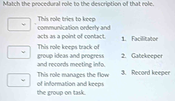 Match the procedural role to the description of that role,
This role tries to keep
communication orderly and
acts as a point of contact. 1. Facilitator
This role keeps track of
group ideas and progress 2. Gatekeeper
and records meeting info.
This role manages the flow 3. Record keeper
of information and keeps
the group on task.