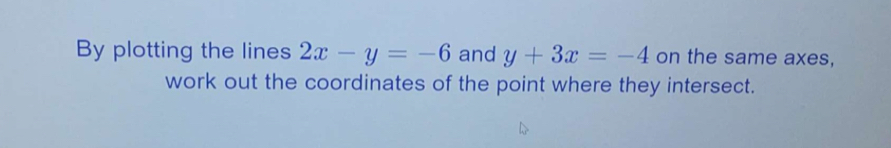 By plotting the lines 2x-y=-6 and y+3x=-4 on the same axes,
work out the coordinates of the point where they intersect.