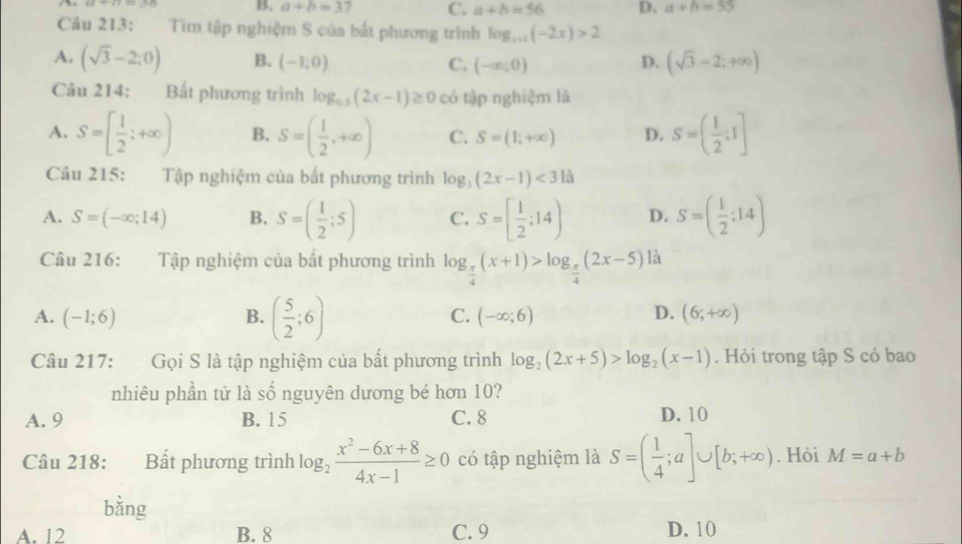 u+(1=20
B. a+b=37 C. a+h=56 D. a+h=55
Câu 213: Tìm tập nghiệm S của bắt phương trình log _x+1(-2x)>2
A. (sqrt(3)-2;0) B. (-1;0) C. (-∈fty ,0) D. (sqrt(3)-2;+∈fty )
Câu 214:     Bắt phương trình log _0.5(2x-1)≥ 0 có tập nghiệm là
A. S=[ 1/2 ;+∈fty ) B. S=( 1/2 ,+∈fty ) C. S=(1;+∈fty ) D. S=( 1/2 ;I]
Câu 215: Tập nghiệm của bất phương trình log _3(2x-1)<31a</tex>
A. S=(-∈fty ;14) B. S=( 1/2 ;5) C. S=[ 1/2 ;14) D. S=( 1/2 :14)
Câu 216: Tập nghiệm của bất phương trình log _ π /4 (x+1)>log _ π /4 (2x-5) là
A. (-1;6) B. ( 5/2 ;6) (-∈fty ;6) (6;+∈fty )
C.
D.
Câu 217:  Gọi S là tập nghiệm của bất phương trình log _2(2x+5)>log _2(x-1). Hỏi trong tập S có bao
nhiêu phần tử là số nguyên dương bé hơn 10?
A. 9 B. 15 C. 8
D. 10
Câu 218: Bất phương trình log _2 (x^2-6x+8)/4x-1 ≥ 0 có tập nghiệm là S=( 1/4 ;a]∪ [b;+∈fty ). Hỏi M=a+b
bằng
A. 12 B. 8 C. 9 D. 10