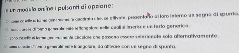 In un modulo online i pulsanti di opzione:
sono caselle di forma generalmente quadrata che, se attivate, presentaño al loro interno un segno di spunta
sono caselle di forma generalmente rettangolare nelle quali si inserisce un testo generico.
sono caselle di forma generalmente circolare che possono essere selezionate solo alternativamente.
sono caselle di forma generalmente triangolare, da attivare con un segno di spunta.