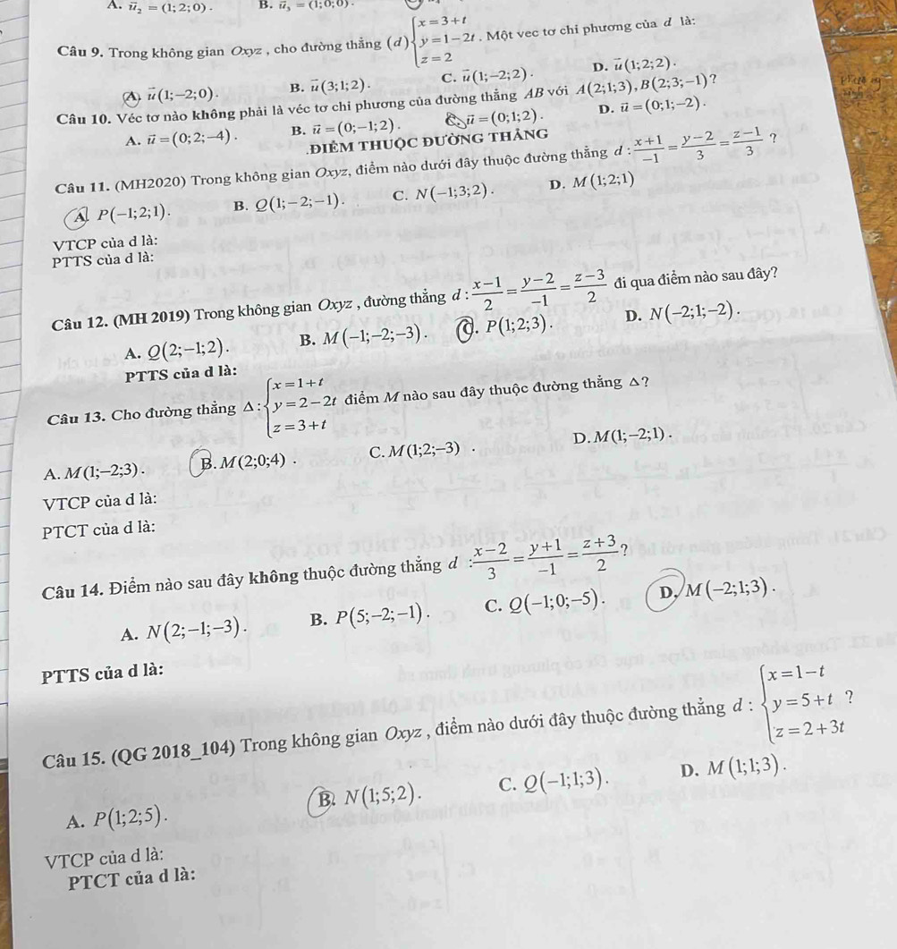 A. overline u_2=(1;2;0). B. vector u_3=(1;0;0)
Câu 9. Trong không gian Oxyz , cho đường thẳng (d)beginarrayl x=3+t y=1-2t z=2endarray.. Một vec tơ chỉ phương của đ là:
(A) vector u(1;-2;0). B. vector u(3;1;2). C. vector u(1;-2;2). D. vector u(1;2;2).
Câu 10. Véc tơ nào không phải là véc tơ chỉ phương của đường thẳng AB với A(2;1;3),B(2;3;-1) ?
A. vector u=(0;2;-4). B. vector u=(0;-1;2). C vector u=(0;1;2). D. vector u=(0;1;-2).
điêm thuợc đường tháng
Câu 11. (MH2020) Trong không gian Oxyz, điểm nào dưới đây thuộc đường thẳng d :  (x+1)/-1 = (y-2)/3 = (z-1)/3  ?
A P(-1;2;1). B. Q(1;-2;-1). C. N(-1;3;2). D. M(1;2;1)
VTCP của d là:
PTTS của d là:
Câu 12. (MH 2019) Trong không gian Oxyz , đường thẳng d :  (x-1)/2 = (y-2)/-1 = (z-3)/2  đi qua điểm nào sau đây?
A. Q(2;-1;2). B. M(-1;-2;-3). a. P(1;2;3). D. N(-2;1;-2).
PTTS của d là:
Câu 13. Cho đường thẳng Delta :beginarrayl x=1+t y=2-2t z=3+tendarray. điểm M nào sau đây thuộc đường thằng △?
D.
A. M(1;-2;3). B. M(2;0;4). C. M(1;2;-3). M(1;-2;1).
VTCP của đ là:
PTCT của d là:
Câu 14. Điểm nào sau đây không thuộc đường thẳng d : (x-2)/3 = (y+1)/-1 = (z+3)/2  ?
A. N(2;-1;-3). B. P(5;-2;-1). C. Q(-1;0;-5). D, M(-2;1;3).
PTTS của d là:
Câu 15. (QG 2018_104) Trong không gian Oxyz , điểm nào dưới đây thuộc đường thẳng d : beginarrayl x=1-t y=5+t z=2+3tendarray.
B. N(1;5;2). C. Q(-1;1;3). D. M(1;1;3).
A. P(1;2;5).
VTCP của d là:
PTCT của d là: