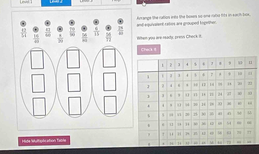 Level 1 Level 2
Arrange the ratios into the boxes so one ratio fits in each box,
and equivalent ratios are grouped together.
When you are ready, press Check It.
Check it
Hide Multiplication Table