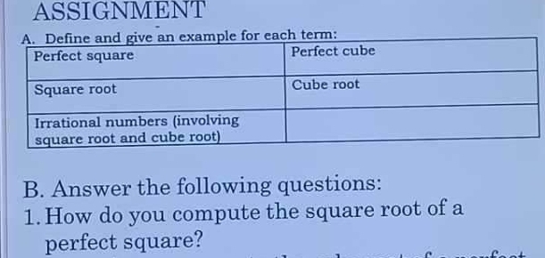 ASSIGNMENT 
each term: 
B. Answer the following questions: 
1.How do you compute the square root of a 
perfect square?