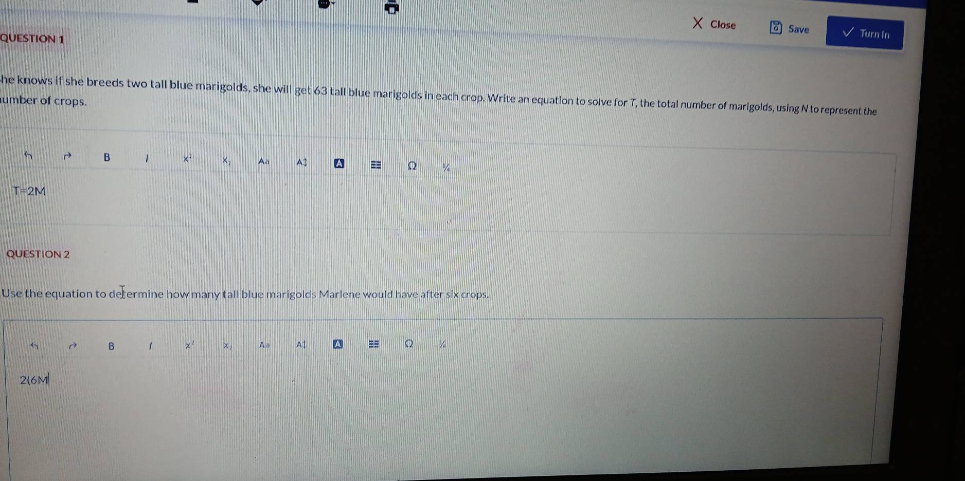 Close Save Turn In 
QUESTION 1 
he knows if she breeds two tall blue marigolds, she will get 63 tall blue marigolds in each crop. Write an equation to solve for T, the total number of marigolds, using N to represent the 
umber of crops. 
( 
B 1 x^2 ×1 Aa A$ A == O ½
T=2M
QUESTION 2 
Use the equation to determine how many tall blue marigolds Marlene would have after six crops. 
D B 1 x² × Aa A1 ^ == Ω M 
2(6M