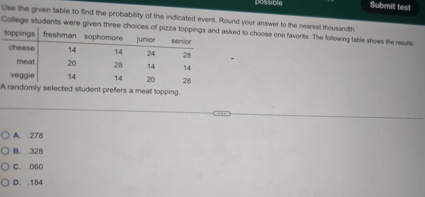 possible
Submit test
Use the given table to find the probability of the indicated event. Round your answer to the nearest thousandth.
College students were given three sked to choose one favorite. The following table shows the results.
A randomly selected student prefers a meat topping.
A. . 278
B. . 328
C. . 060
D. . 184