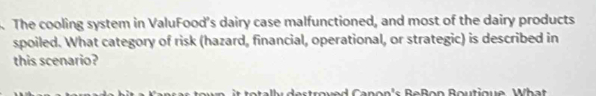 The cooling system in ValuFood’s dairy case malfunctioned, and most of the dairy products 
spoiled. What category of risk (hazard, financial, operational, or strategic) is described in 
this scenario? 
d an on's Re B on Boutique Wh a