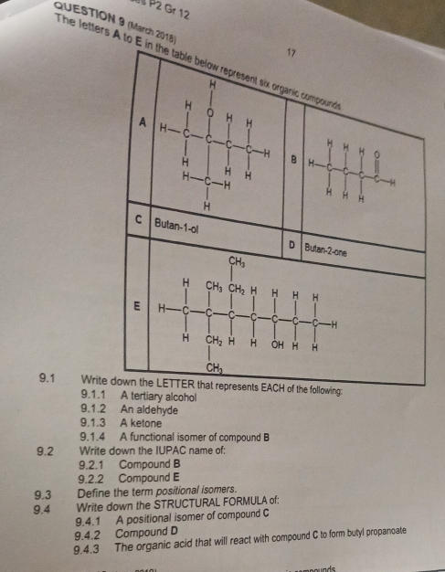 P2 Gr 12
QUESTION 9 (March 2018
The letters A to
9.1 Writ
9.1.1 A tertiary alcohol
9.1.2 An aldehyde
9.1.3 A ketone
9.1.4 A functional isomer of compound B
9.2 . Write down the IUPAC name of:
9.2.1 Compound B
9.2.2 Compound E
9.3 Define the term positional isomers.
9.4 Write down the STRUCTURAL FORMULA of:
9.4.1 A positional isomer of compound C
9.4.2 Compound D
9.4.3 The organic acid that will react with compound C to form butyl propanoate