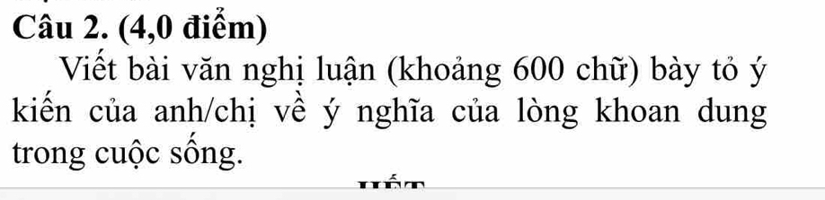 (4,0 điểm) 
Viết bài văn nghị luận (khoảng 600 chữ) bày tỏ ý 
kiến của anh/chị về ý nghĩa của lòng khoan dung 
trong cuộc sống.