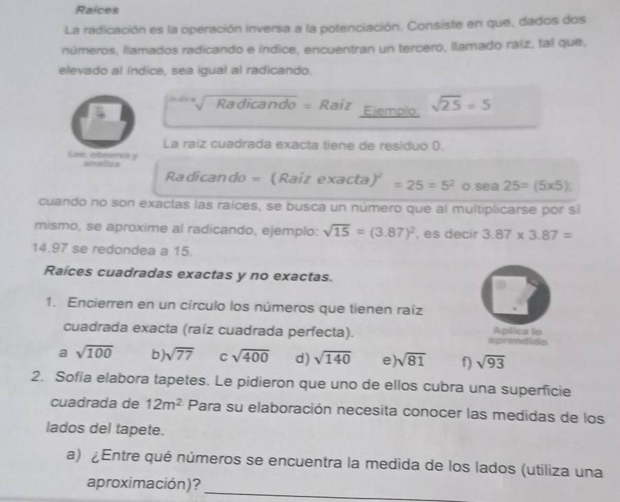 Raices
La radicación es la operación inversa a la potenciación. Consiste en que, dados dos
números, llamados radicando e índice, encuentran un tercero, llamado raíz, tal que,
elevado al índice, sea igual al radicando.
in dice x Radic overline ando= Raiz Ejemplo: sqrt(25)=5
La raíz cuadrada exacta tiene de residuo (.
Lee. obnervik y
analiza
Radicando = (Raíz exacta )^2=25=5^2 0 sea25=(5* 5)
cuando no son exaclas las raíces, se busca un número que al multiplicarse por sí
mismo, se aproxime al radicando, ejemplo: sqrt(15)=(3.87)^2 , es decir 3.87* 3.87=
14.97 se redondea a 15.
Raíces cuadradas exactas y no exactas. .
1. Encierren en un círculo los números que tienen raíz
cuadrada exacta (raíz cuadrada perfecta). Aplica lo
aprendido
a sqrt(100) b) sqrt(77) C sqrt(400) d) sqrt(140) e) sqrt(81) f) sqrt(93)
2. Sofía elabora tapetes. Le pidieron que uno de ellos cubra una superficie
cuadrada de 12m^2 Para su elaboración necesita conocer las medidas de los
lados del tapete.
a) ¿Entre qué números se encuentra la medida de los lados (utiliza una
aproximación)?_