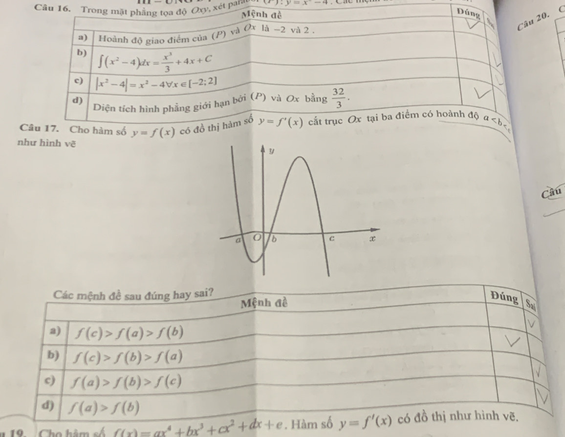 (r):y=x-4
xét parac
20. (
Câ
như hình vẽ
Câu
Các mệnh đề sau đúng hay sai? Đúng
Mệnh đề
Sai
a) f(c)>f(a)>f(b)
V
b) f(c)>f(b)>f(a)
c) f(a)>f(b)>f(c)
d) f(a)>f(b)
19.  Cho hâm số f(x)=ax^4+bx^3+cx^2+dx+e. Hàm số y=f'(x) có đồ thị như hình vẽ,