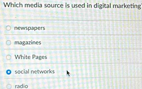 Which media source is used in digital marketing
newspapers
magazines
White Pages
social networks
radio