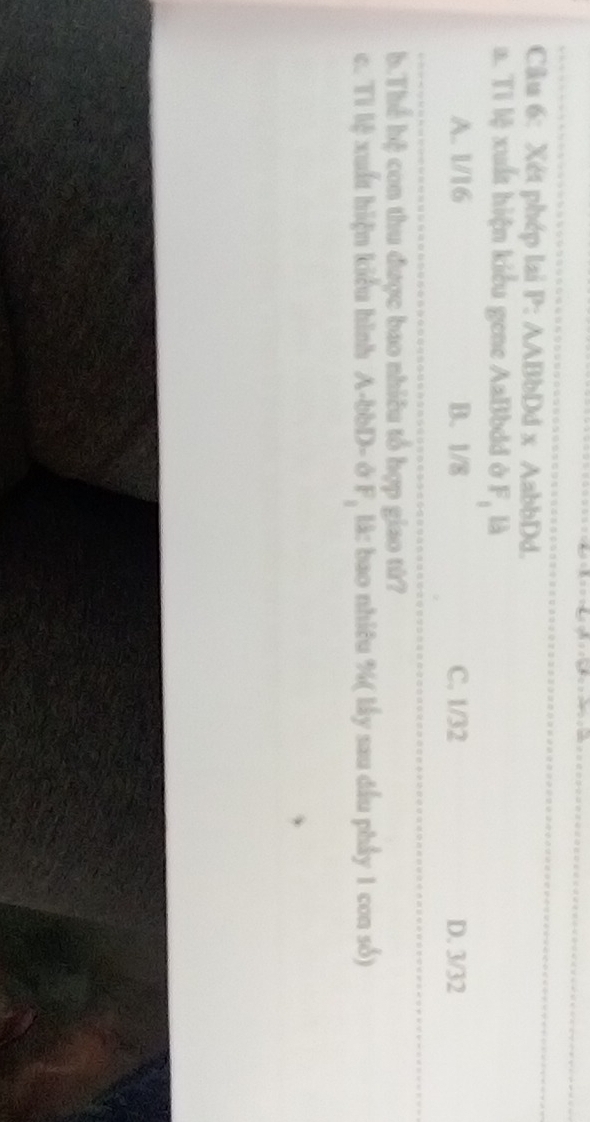 Xét phép lai P: AABbDd x AabbDd.
a. Tỉ lệ xuất hiện kiểu gene AaBbdd ở F_1 là
A. 1/16 B. 1/8 C. 1/32 D. 3/32
b.Thể hệ con thu được bao nhiêu tổ hợp giao tử?
c. Tỉ lệ xuất hiện kiểu hình A-bbD- ở F_1 là: bao nhiêu %( lấy sau dầu phẩy 1 con số)
