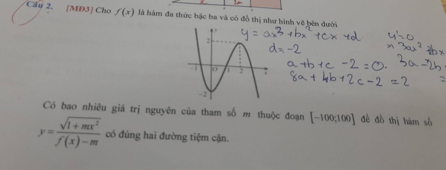 [MĐ3] Cho f(x) là hàm đa thức bậc ba và có đồ thị như hình vẽ bên dưới 
Có bao nhiêu giá trị nguyên của tham số m thuộc đoạn [-100;100] đề đồ thị hàm số
y= (sqrt(1+mx^2))/f(x)-m  có đúng hai đường tiệm cận.