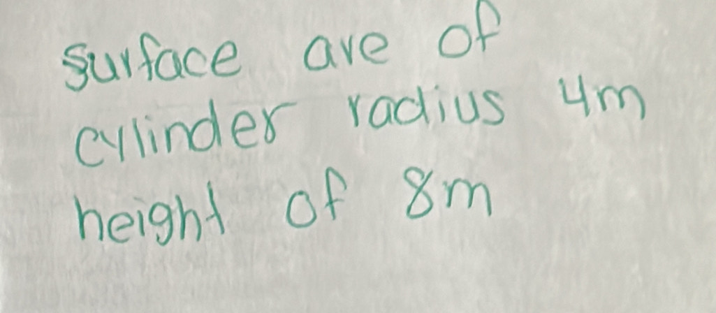 surface are of 
cylinder radius um 
height of 8m