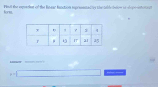 Find the equation of the linear function represented by the table below in slope-intencept 
form. 
Answer étge c l a
y=□ Salenst turoon