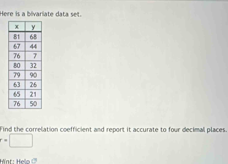 Here is a bivariate data set. 
Find the correlation coefficient and report it accurate to four decimal places.
r=□
Hint: Help