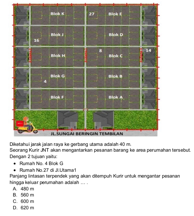 tersebut.
Dengan 2 tujuan yaitu:
Rumah No. 4 Blok G
Rumah No. 27 di Jl.Utama1
Panjang lintasan terpendek yang akan ditempuh Kurir untuk mengantar pesanan
hingga keluar perumahan adalah ... .
A. 480 m
B. 560 m
C. 600 m
D. 620 m