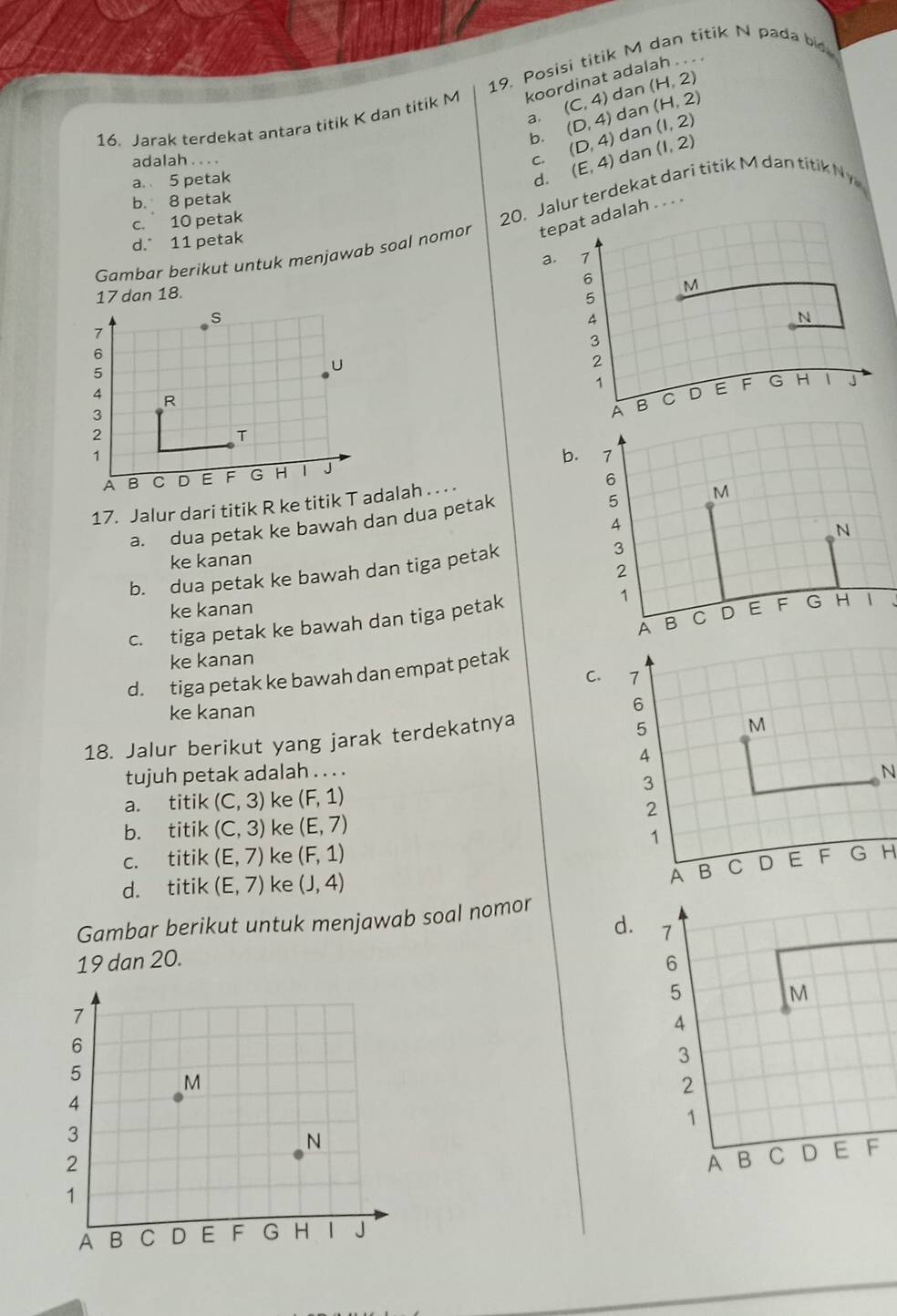 , .
19. Posisi titik M dan titik N pada bid
(C,4)
a. (D,4) dan (H,2)
16. Jarak terdekat antara titik K dan titik M koordinat ada dan (H,2)
a. 5 petak C. (D,4) dan
(1,2)
b.
(1,2)
adalah . . . .
b. 8 petak d. (E,4) dan
c. 10 petak
20. Jalur terdekat dari titik M dan titik N
Gambar berikut untuk menjawab soal nomor tepat adalah . . . .
d. 11 petak
a.
17 dan 18.
s
7
6
5
U
4 R
3
2
T
1
b. 7
A I C D E F G H J
17. Jalur dari titik R ke titik T adalah . . . .
6
a. dua petak ke bawah dan dua petak
5 M
A
3
ke kanan N
2
b. dua petak ke bawah dan tiga petak
ke kanan E F G H 1
A B C D
c. tiga petak ke bawah dan tiga petak 1
ke kanan
d. tiga petak ke bawah dan empat petak
C.
ke kanan
18. Jalur berikut yang jarak terdekatnya
tujuh petak adalah . . . .
a. titik (C,3) ke (F,1) N
b. titik (C,3) ke (E,7)
C. titik (E,7) ke (F,1) H
d. titik (E,7) ke (J,4)
Gambar berikut untuk menjawab soal nomor
d. 7
19 dan 20. 6
5
M
4
3
2
1
A B C D E F