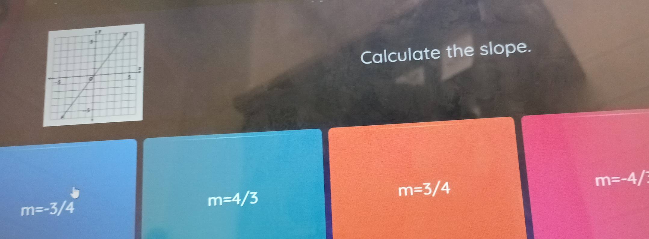 Calculate the slope.
m=3/4
m=-4/?
m=-3/4
m=4/3