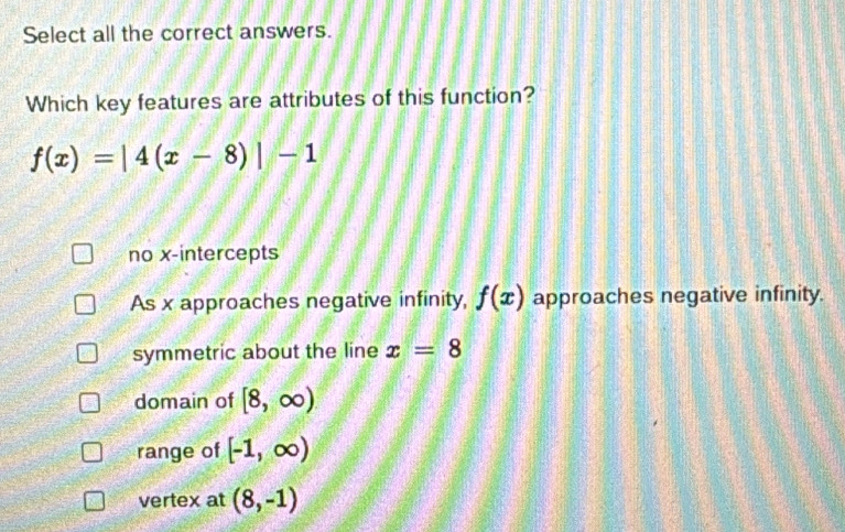 Select all the correct answers.
Which key features are attributes of this function?
f(x)=|4(x-8)|-1
no x-intercepts
As x approaches negative infinity, f(x) approaches negative infinity.
symmetric about the line x=8
domain of [8,∈fty )
range of [-1,∈fty )
vertex at (8,-1)