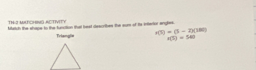 TN-2 MATCHING ACTIVITY 
Match the shape to the function that best describes the sum of its interior angles. 
Triangle
s(5)=(5-2)(180)
s(5)=540