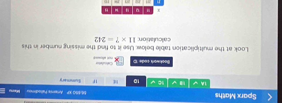 Sparx Maths 56.65O XP Arternis Pallodimou Menu 
1A 10 1C 1D 1E 1F Summary 
Bookwork code: 1D Calculator 
not allowed 
Look at the multiplication table below. Use it to find the missing number in this 
calculation: 11* ?=242