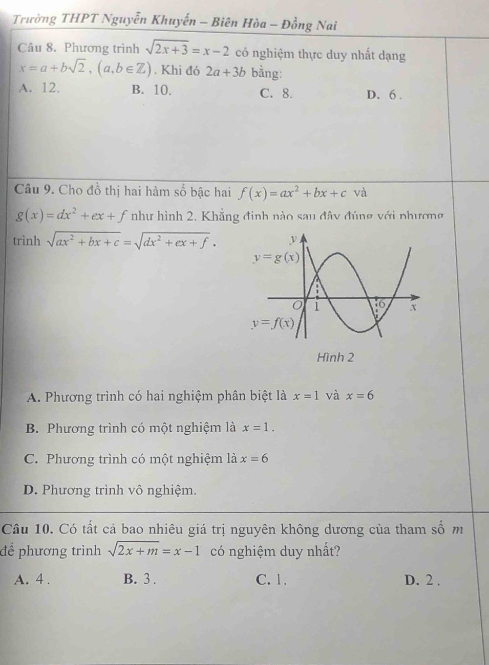 Trường THPT Nguyễn Khuyến - Biên Hòa - Đồng Nai
Câu 8. Phương trình sqrt(2x+3)=x-2 có nghiệm thực duy nhất dạng
x=a+bsqrt(2),(a,b∈ Z). Khi đó 2a+3b bằng:
A. 12. B. 10. C. 8. D. 6 .
Câu 9. Cho đồ thị hai hàm số bậc hai f(x)=ax^2+bx+c và
g(x)=dx^2+ex+f như hình 2. Khẳng đinh nào sau đây đúng với phương
trình sqrt(ax^2+bx+c)=sqrt(dx^2+ex+f).
Hình 2
A. Phương trình có hai nghiệm phân biệt là x=1 và x=6
B. Phương trình có một nghiệm là x=1.
C. Phương trình có một nghiệm là x=6
D. Phương trình vô nghiệm.
Câu 10. Có tất cả bao nhiêu giá trị nguyên không dương của tham số m
để phương trình sqrt(2x+m)=x-1 có nghiệm duy nhất?
A. 4 . B. 3. C. 1. D. 2 .